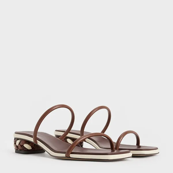Dép Nữ Charles & Keith CNK Double Strap Braided Heel Mules Brown 60051036 Màu Nâu