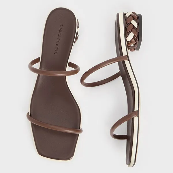 Dép Nữ Charles & Keith CNK Double Strap Braided Heel Mules Brown 60051036 Màu Nâu