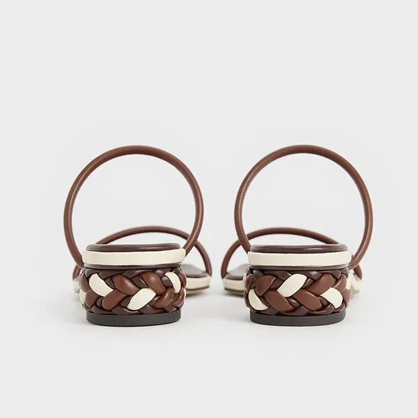 Dép Nữ Charles & Keith CNK Double Strap Braided Heel Mules Brown 60051036 Màu Nâu