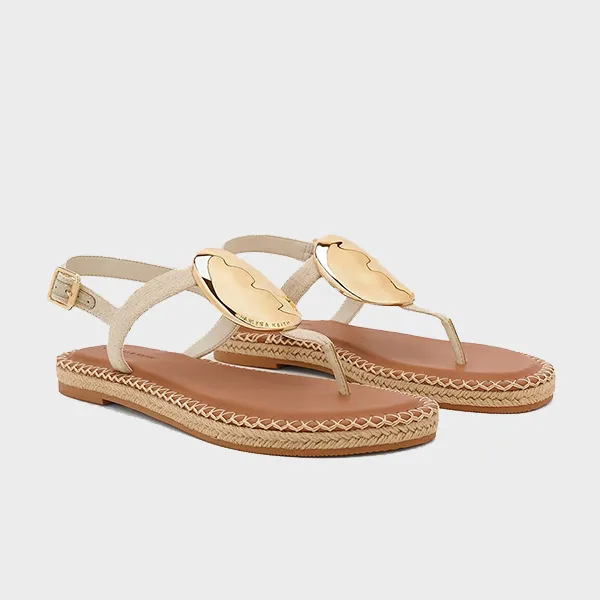 Dép Nữ Charles & Keith CNK Metallic Oval Espadrille Sandals Beige 70580228 Màu Be Nâu