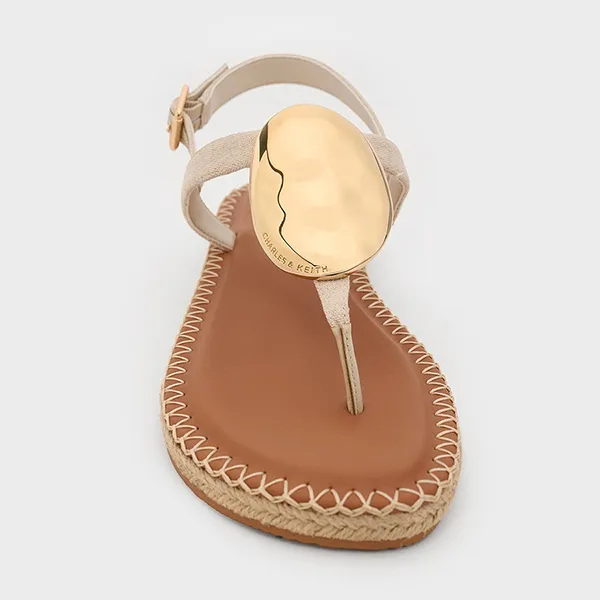 Dép Nữ Charles & Keith CNK Metallic Oval Espadrille Sandals Beige 70580228 Màu Be Nâu