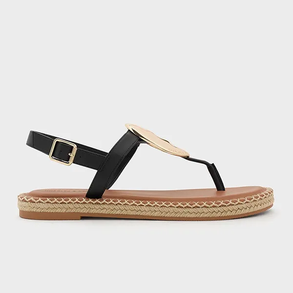 Dép Nữ Charles & Keith CNK Metallic Oval Espadrille Sandals Black 70580228 Màu Nâu Đen