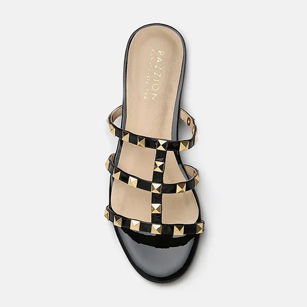 Dép Nữ Pazzion Ingrid Gold Studded Cage Patent Leather Slides 0125971BK34 Màu Đen - Dép - Vua Hàng Hiệu