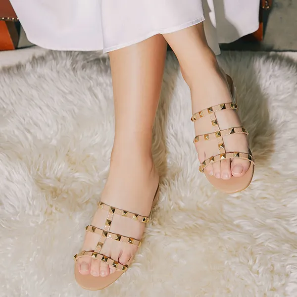 Dép Nữ Pazzion Ingrid Gold Studded Cage Patent Leather Slides 0125971NU34 Màu Nude - Dép - Vua Hàng Hiệu