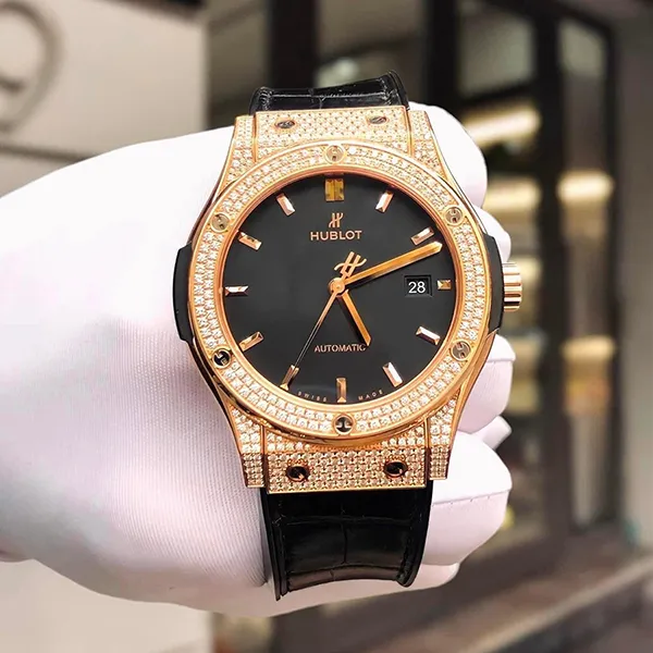 Đồng Hồ Nam Hublot Classic Kinggold Pave 42mm 542.OX.1181.LR.1704 Màu Đen/ Vàng Hồng