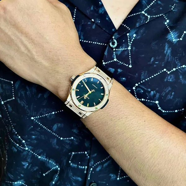 Đồng Hồ Nam Hublot Classic Kinggold Pave 42mm 542.OX.1181.LR.1704 Màu Đen/ Vàng Hồng