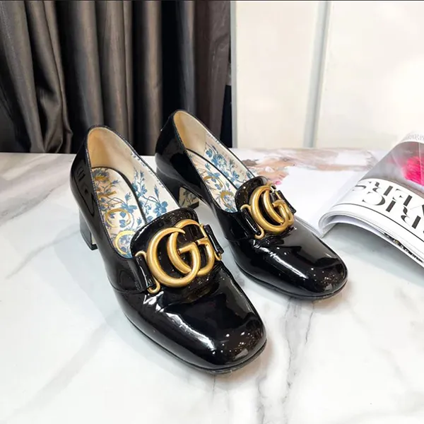 Giày Cao Gót Nữ Gucci Patent Leather Mid Heel Pump With Double G In Black Màu Đen Size 34.5