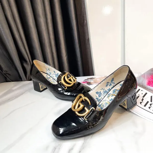 Giày Cao Gót Nữ Gucci Patent Leather Mid Heel Pump With Double G In Black Màu Đen Size 34.5