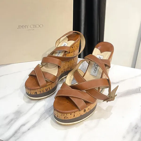 Giày Cao Gót Nữ Jimmy Choo Brown Leather Criss Cross Ankle Wrap Wedges Màu Nâu Size 36.5 - Giày - Vua Hàng Hiệu