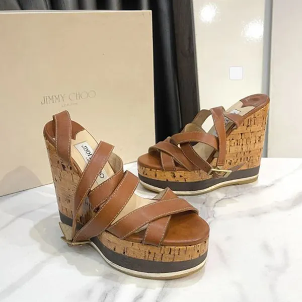 Giày Cao Gót Nữ Jimmy Choo Brown Leather Criss Cross Ankle Wrap Wedges Màu Nâu Size 36.5 - Giày - Vua Hàng Hiệu