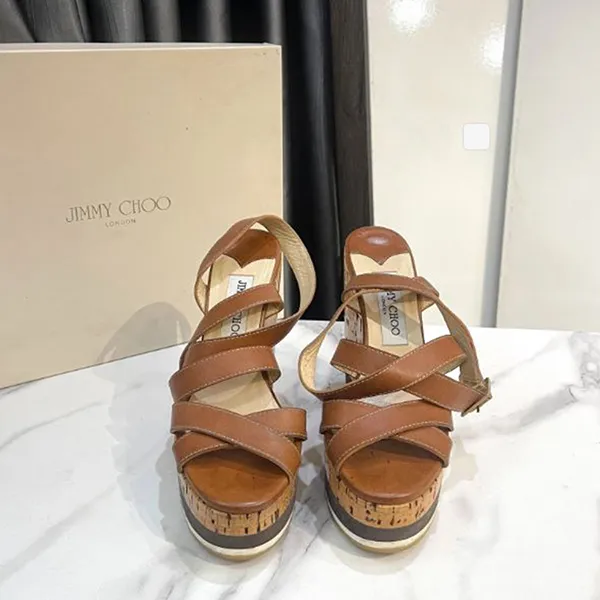 Giày Cao Gót Nữ Jimmy Choo Brown Leather Criss Cross Ankle Wrap Wedges Màu Nâu Size 36.5 - Giày - Vua Hàng Hiệu