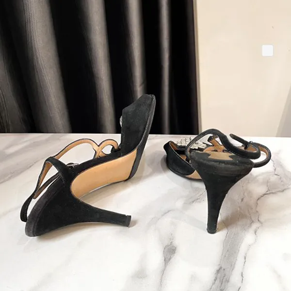 Giày Cao Gót Nữ Salvatore Ferragamo Suede Crystal Accented Heels Màu Đen Be Size 37 - Giày - Vua Hàng Hiệu