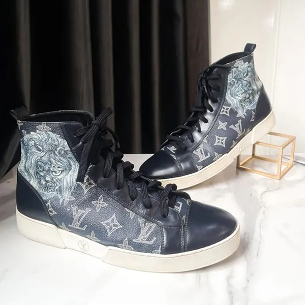 Giày Sneaker Nam Louise Vuitton LV Canvas and Leather Match Up Cloth Trainer High Top Màu Xanh Navy Size 41.5