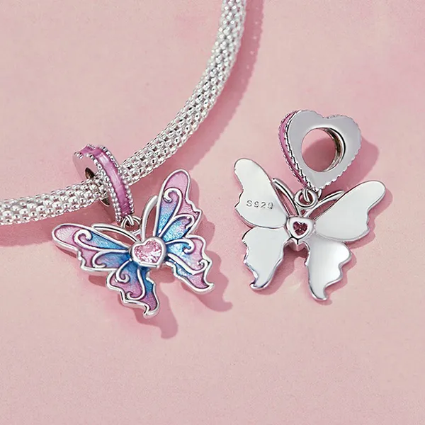 Hạt Vòng Charm Nữ Lili Jewelry Đính Đá CZ Cassandra LILI_085802 Hồ Điệp Màu Bạc Phối Hồng