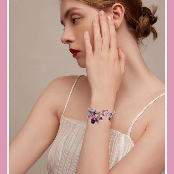 Hạt Vòng Charm Nữ Lili Jewelry Đính Đá CZ Cassandra LILI_085802 Túi Xách Chú Chó Màu Bạc Phối Hồng