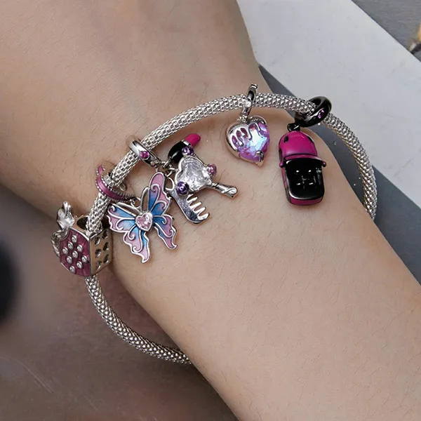 Hạt Vòng Charm Nữ Lili Jewelry Đính Đá CZ Cassandra LILI_085802 Túi Xách Chú Chó Màu Bạc Phối Hồng