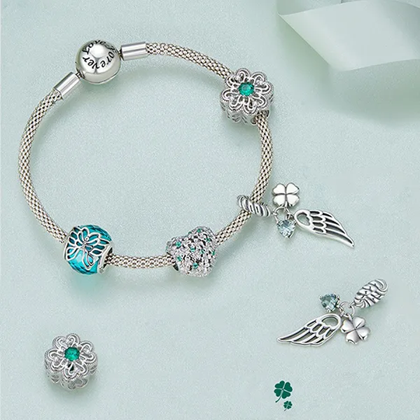 Hạt Vòng Charm Nữ Lili Jewelry Đính Đá CZ Cỏ 4 Lá May Mắn Daleyza LILI_088590 2 Màu Xanh Bạc