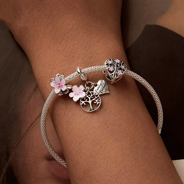 Hạt Vòng Charm Nữ Lili Jewelry Đính Đá CZ Hình Bông Hoa Anh Đào Jany LILI_089626 2 Màu Bạc Phối Hồng