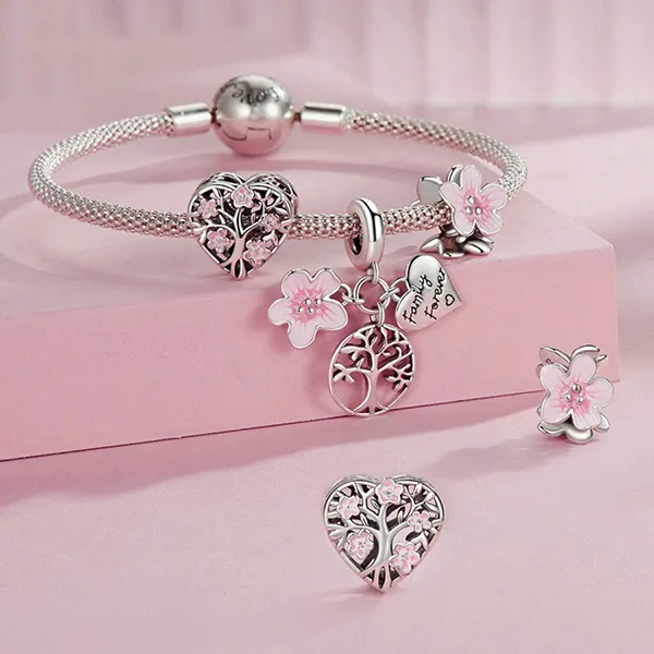 Hạt Vòng Charm Nữ Lili Jewelry Đính Đá CZ Hình Bông Hoa Anh Đào Jany LILI_089626 2 Màu Bạc Phối Hồng