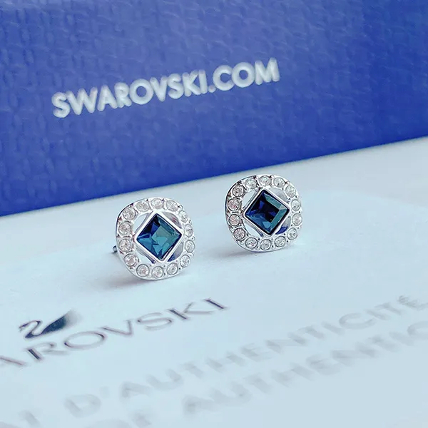 Khuyên Tai Nữ Swarovski Angelic Stud Earrings Square Cut, Blue, Rhodium Plated 5662143 Màu Bạc Xanh - 4
