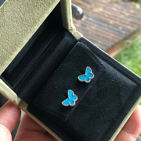 Khuyên Tai Nữ Jewery Luxury Sweet Alhambra Turquoise Butterfly 18K White Gold Earstuds Màu Xanh Bạc - Trang sức - Vua Hàng Hiệu