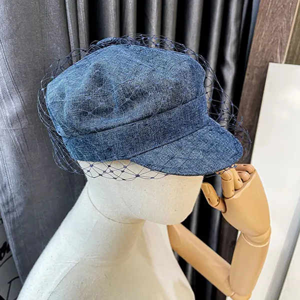 Mũ Nữ Dior Hat With Tulle Denim Veil Hat Newsboy Cotton Blue Màu Xanh - Mũ nón - Vua Hàng Hiệu