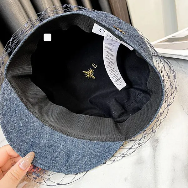 Mũ Nữ Dior Hat With Tulle Denim Veil Hat Newsboy Cotton Blue Màu Xanh - Mũ nón - Vua Hàng Hiệu