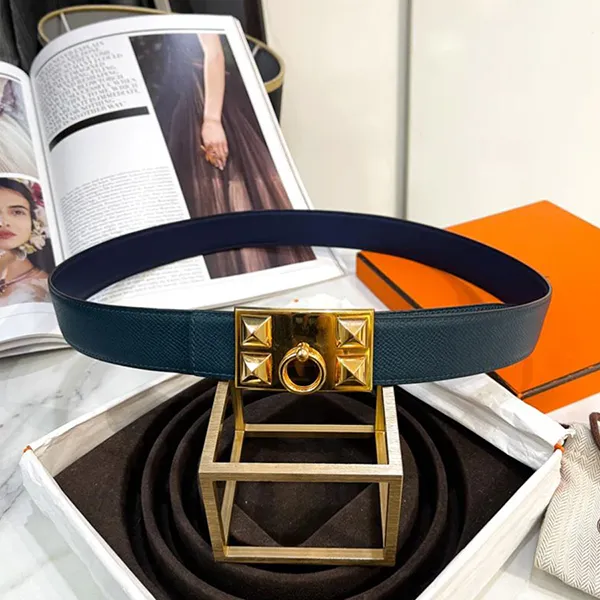 Thắt Lưng Nam Hermès Chamonix And Epsom Leather Collier De Chien Reversible Belt Màu Xanh Size 90