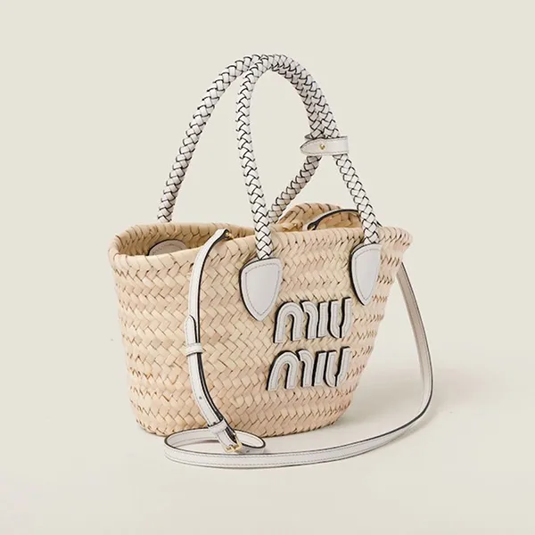 Túi Cói Xách Tay Nữ Miu Miu Logo-Appliqué Woven Bag Màu Be