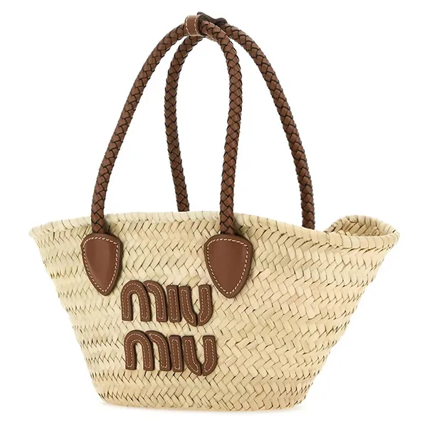 Túi Cói Xách Tay Nữ Miu Miu Logo-Appliqué Woven Tote Bag Màu Be Nâu Size M - Túi xách - Vua Hàng Hiệu