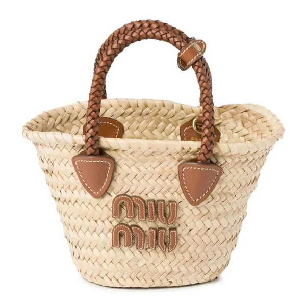 Túi Cói Xách Tay Nữ Miu Miu Logo-Appliqué Woven Bag Màu Be Nâu Size S - Túi xách - Vua Hàng Hiệu