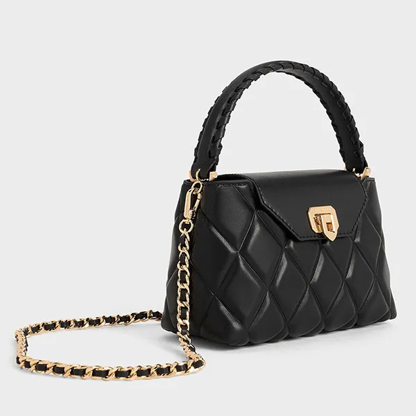 Túi Đeo Chéo Nữ Charles & Keith CNK Arwen Quilted Braided-Strap Top Handle Bag 50782379 Black Màu Đen