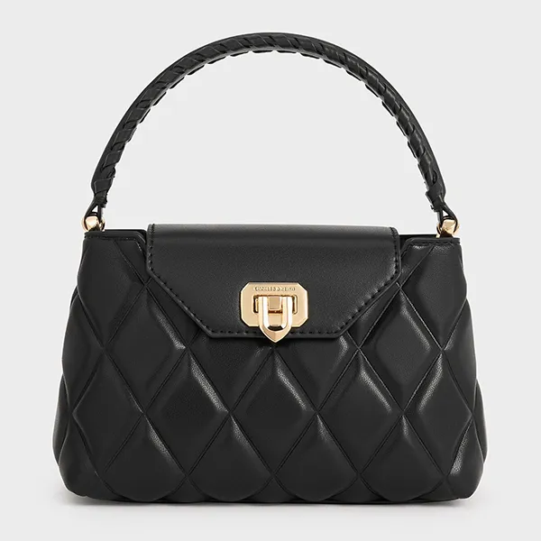 Túi Đeo Chéo Nữ Charles & Keith CNK Arwen Quilted Braided-Strap Top Handle Bag 50782379 Black Màu Đen