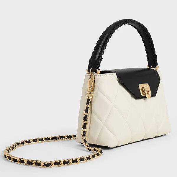 Túi Đeo Chéo Nữ Charles & Keith CNK Arwen Quilted Braided-Strap Top Handle Bag CK2-50782379 Multi Màu Kem Phối Đen