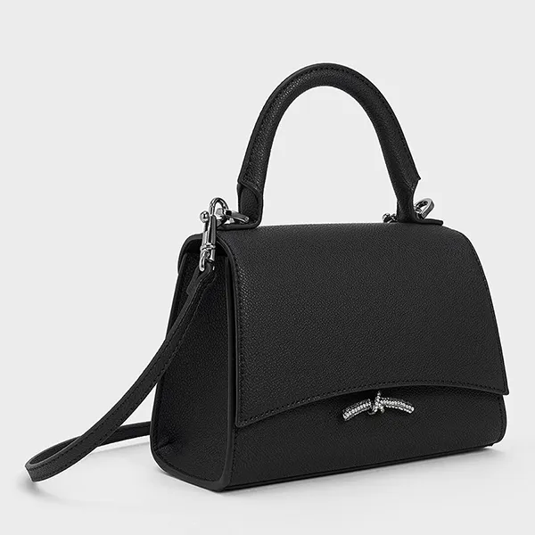 Túi Đeo Chéo Nữ Charles & Keith CNK Huxley Metallic Push-Lock Top Handle Bag 50270807-A Màu Đen