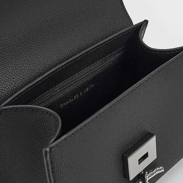 Túi Đeo Chéo Nữ Charles & Keith CNK Huxley Metallic Push-Lock Top Handle Bag 50270807-A Màu Đen
