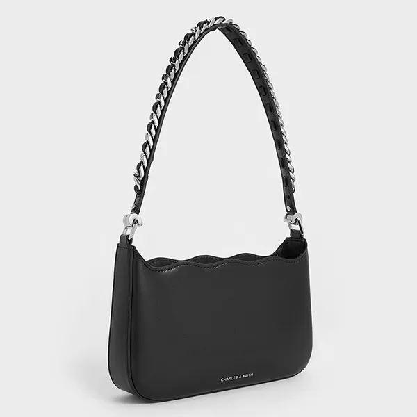 Túi Đeo Vai Nữ Charles & Keith CNK Wavy Braided Chain-Link Shoulder Bag 20271135 Màu Đen