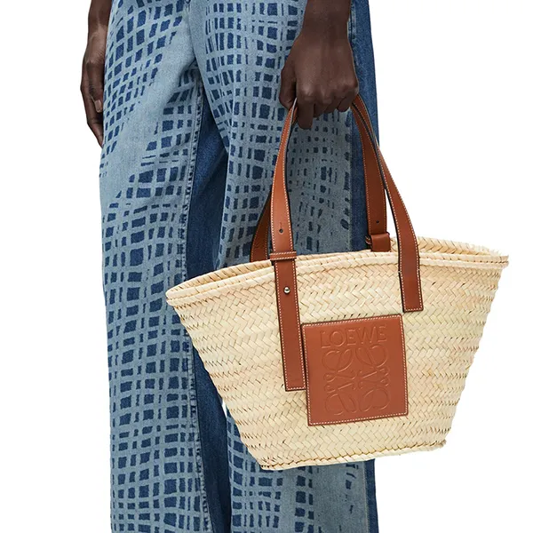 Túi Tote Nữ Loewe Basket Bag In Palm Leaf And Calfskin Medium Màu Nâu Trắng - Túi xách - Vua Hàng Hiệu