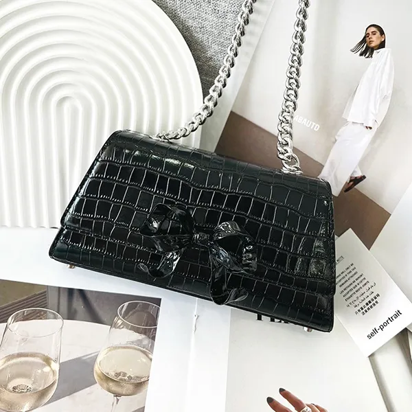 Túi Xách Nữ Self-Portrait Mini Bow Crocodile-Embossed Bag Màu Đen