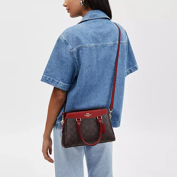 Túi Xách Tay Nữ Coach Mini Darcie Carryall Bag In Blocked Signature Canvas CH174 Màu Đỏ - Nâu