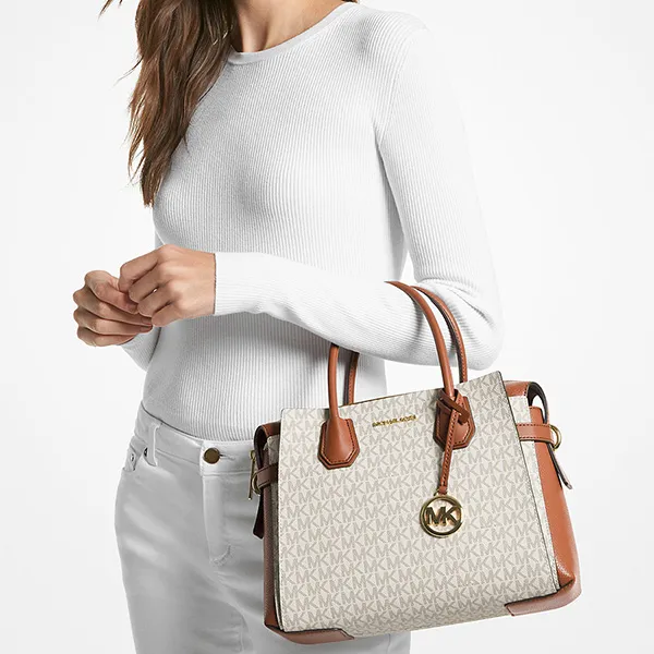 Túi Xách Tay Nữ Michael Kors MK Mercer Medium Logo Belted Satchel 35F2GM9S8B Màu Vanilla