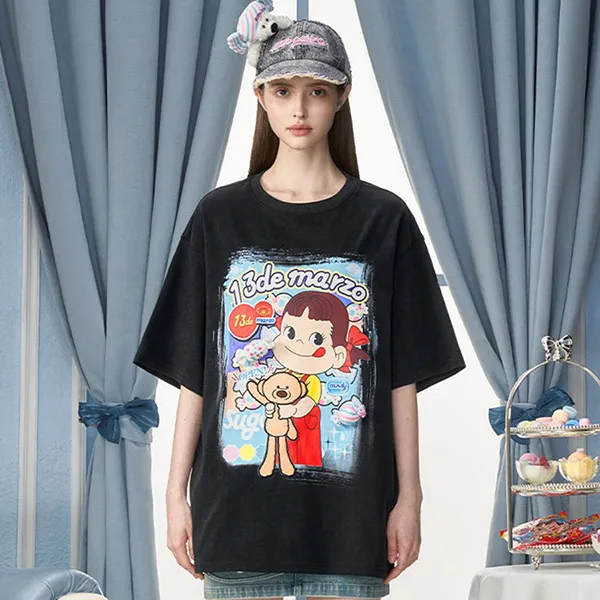 Áo Phông 13 De Marzo x Peko Sweets Bear Washed T-Shirt Black Màu Đen - Thời trang - Vua Hàng Hiệu