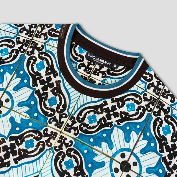 Áo Phông Nam Dolce & Gabbana D&G Blue With Majolica Printed  T-Shirt G8KD0T FI7VQ HC1NB Màu Xanh/Đen - 3