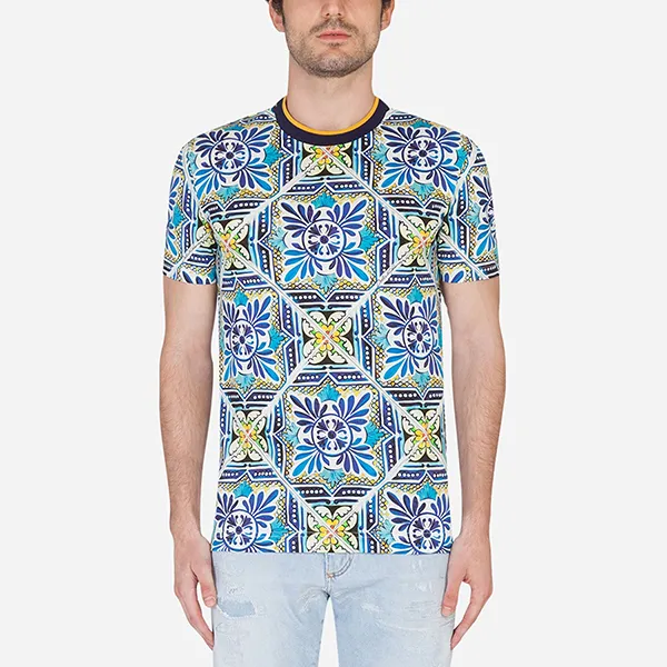 Áo Phông Nam Dolce & Gabbana D&G With Majolica Printed T-Shirt G8KD0T HS7B4 HB1MS Màu Xanh Blue - 1