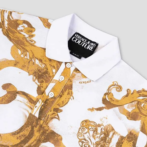 Áo Polo Nam Versace Jeans Couture White With Baroque Logo Printed 76GAG6S0 JS286 G03 Màu Vàng Trắng Size M