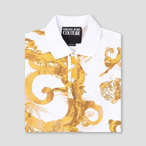 Áo Polo Nam Versace Jeans Couture White With Baroque Logo Printed 76GAG6S0 JS286 G03 Màu Vàng Trắng Size M