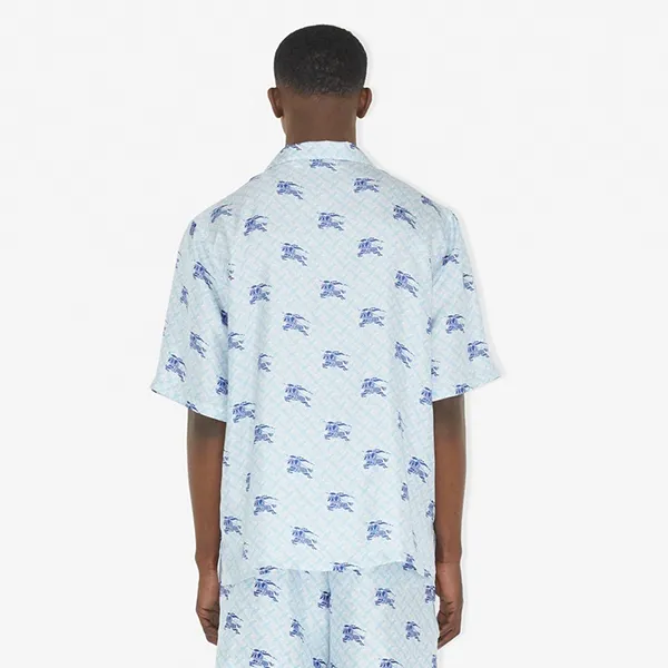 Áo Sơ Mi Nam Burberry EKD Monogram Silk Pyjama Shirt Màu Xanh Họa Tiết Size S - 3