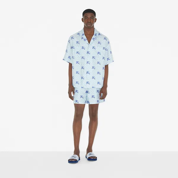 Áo Sơ Mi Nam Burberry EKD Monogram Silk Pyjama Shirt Màu Xanh Họa Tiết Size S - 2