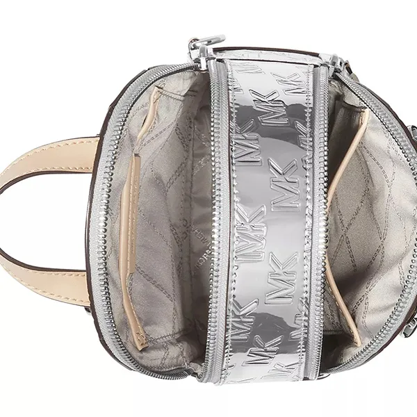 Balo Nữ Michael Kors MK Brooklyn Logo Embossed Patent Extra Small Convertible Crossbody Backpack Màu Bạc/Be - Túi xách - Vua Hàng Hiệu