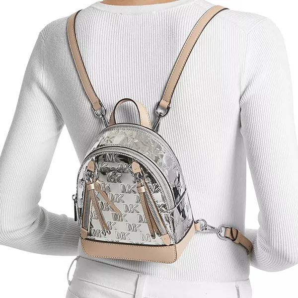 Balo Nữ Michael Kors MK Brooklyn Logo Embossed Patent Extra Small Convertible Crossbody Backpack Màu Bạc/Be - Túi xách - Vua Hàng Hiệu